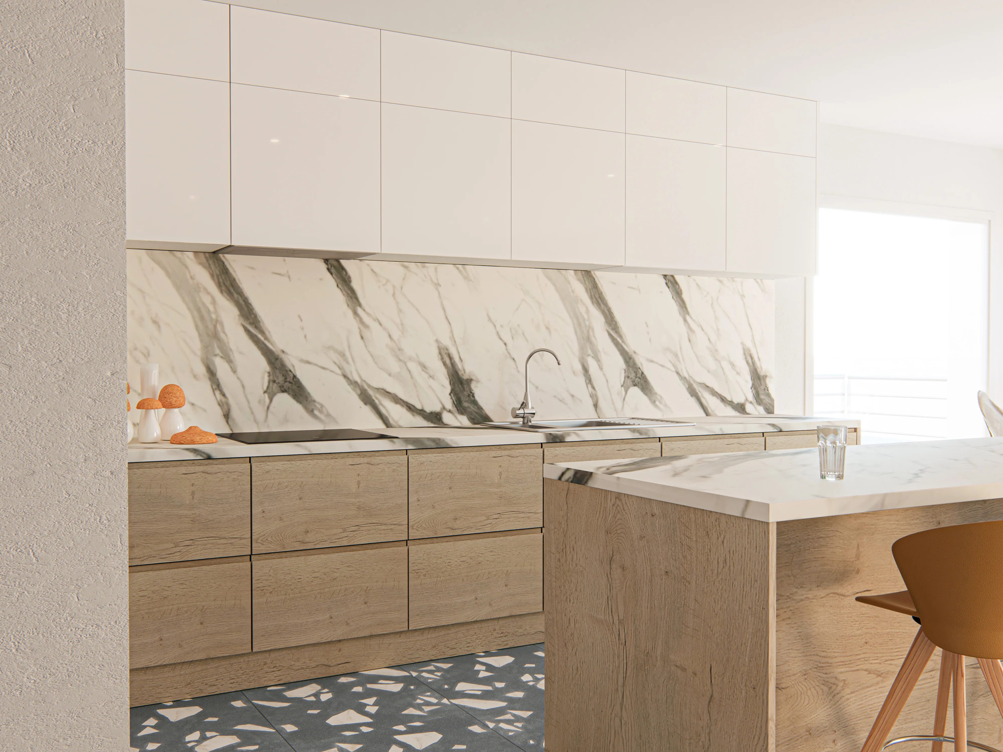 Cocina de roble natural y blanco
